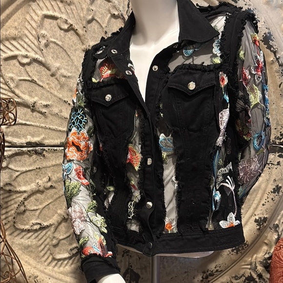 Adore Black Mesh Jean Jacket with Vibrant Embroidery - Picture 1 of 16